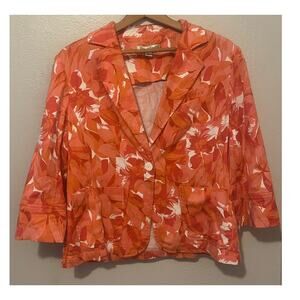 Womens Coldwater Creek Orange Pink Floral Print Spring Summer Blazer Jacket Sz M